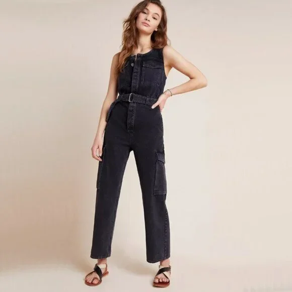NWT Agolde black denim sleeveless belted jumpsuit 4